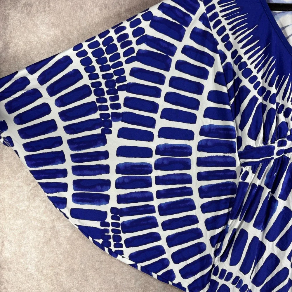 Trina Turk Swim Cover 4 Blue White Geometric Kimono Sleeve V-Neck Resort Beach